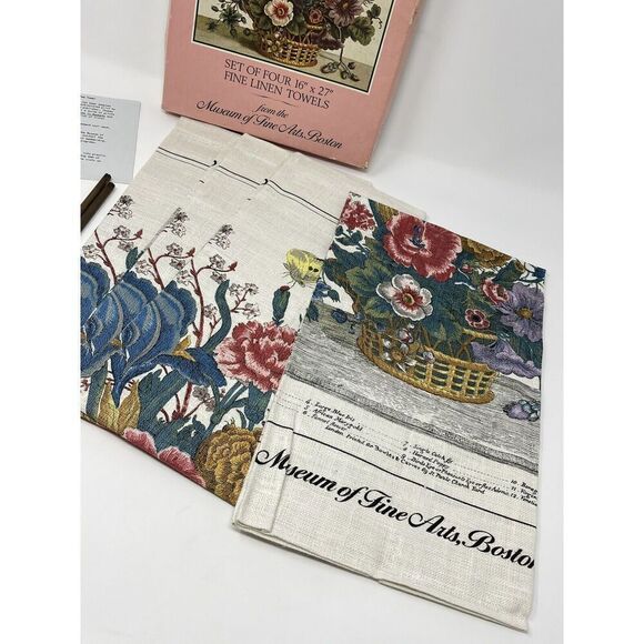 NOS Vintage Botanical Tea Towels MFA Museum Of Fine Arts Boston Linen Floral - Picture 3 of 5